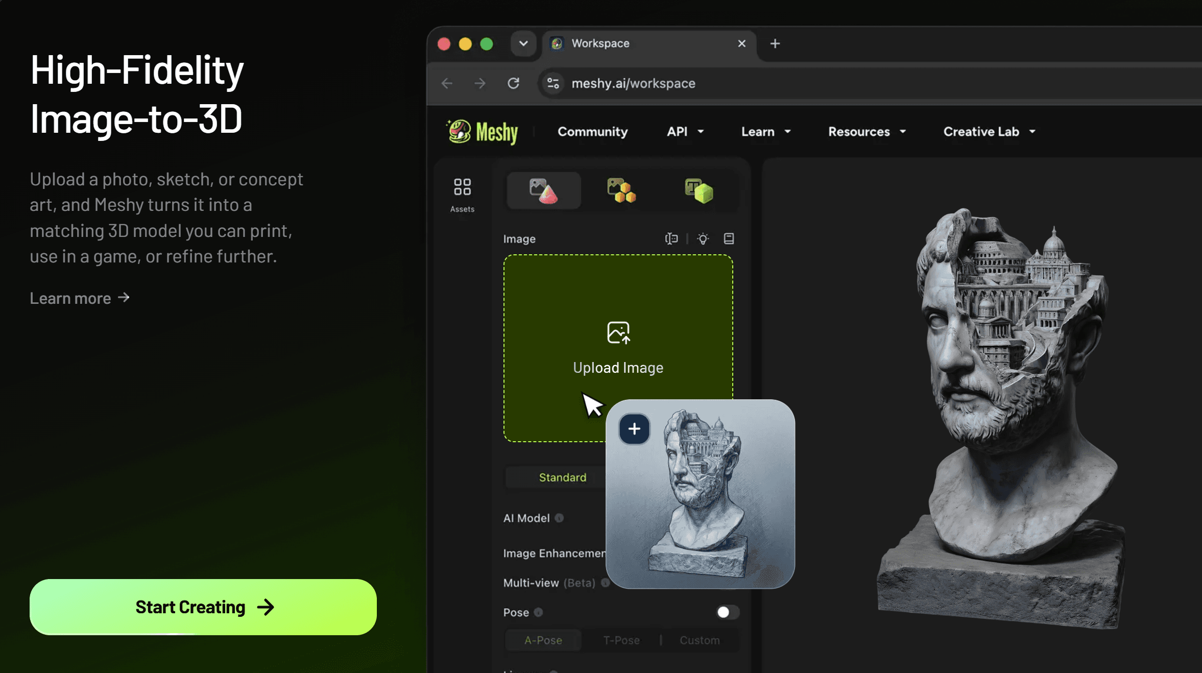The Meshy AI web interface with a generated 3D model in the workspace
