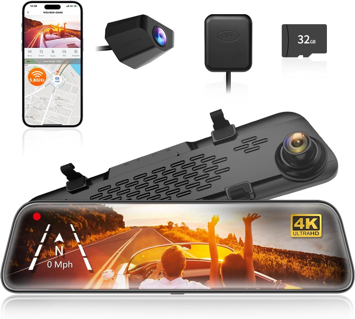 Dash cam mounted in a vehicle for front and rear road recording