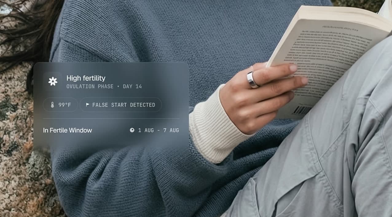 The Ultrahuman app showing a cycle-tracking readout — ovulation phase day 14, a 99°F skin temperature reading and a fertile window — produced by the ring's temperature sensor. Trend tracking only, not a contraceptive or medical device.