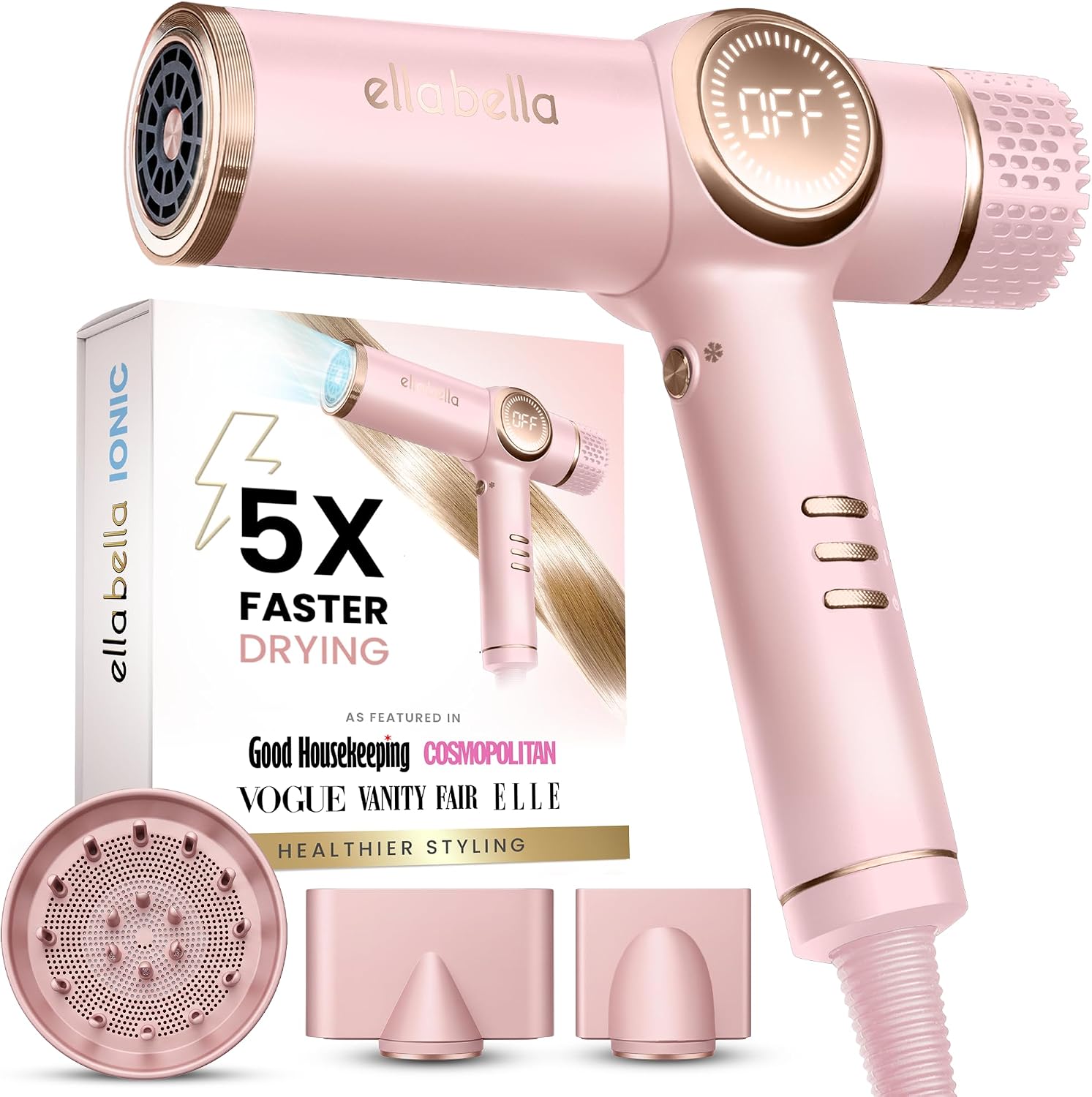 ELLA BELLA Ionic Hair Dryer with Diffuser - Pink